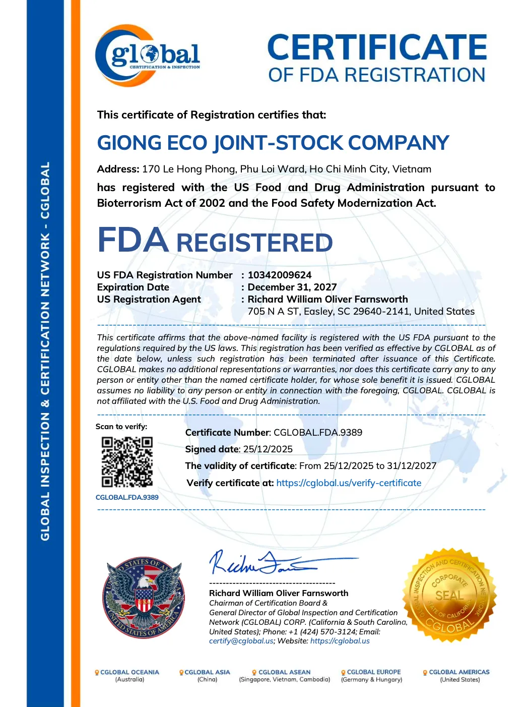 Chứng nhận đăng ký FDA của Công ty Cổ phần Eco Gióng