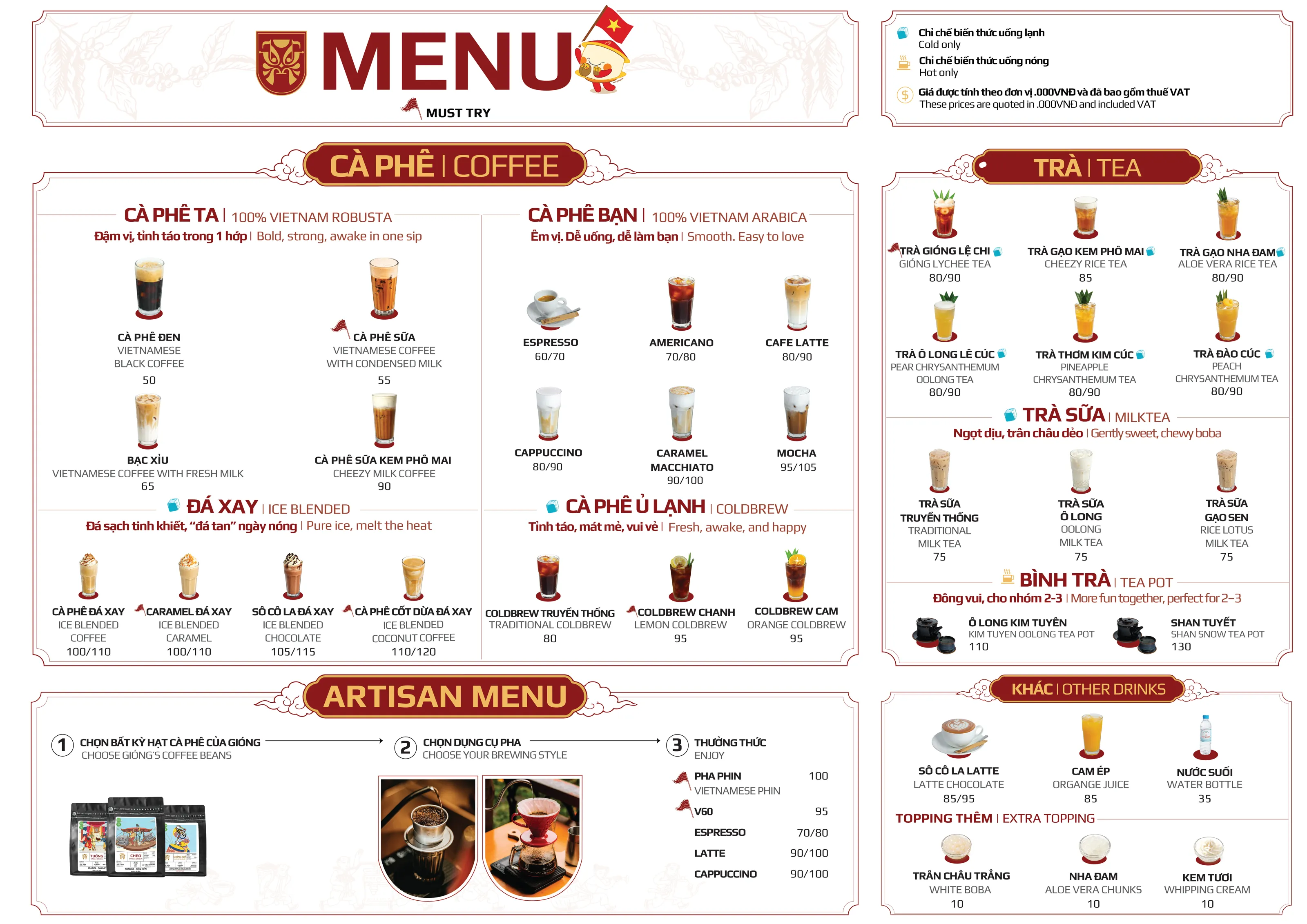Menu thức uống Gióng 2026: Cà phê (Cà phê Ta 100% Robusta, Cà phê Bạn 100% Arabica, đá xay, cà phê ủ lạnh), Trà, Trà sữa, Bình trà, Artisan Menu chọn hạt và dụng cụ pha, đồ uống khác và topping. Giá tính theo đơn vị nghìn đồng, đã gồm VAT.