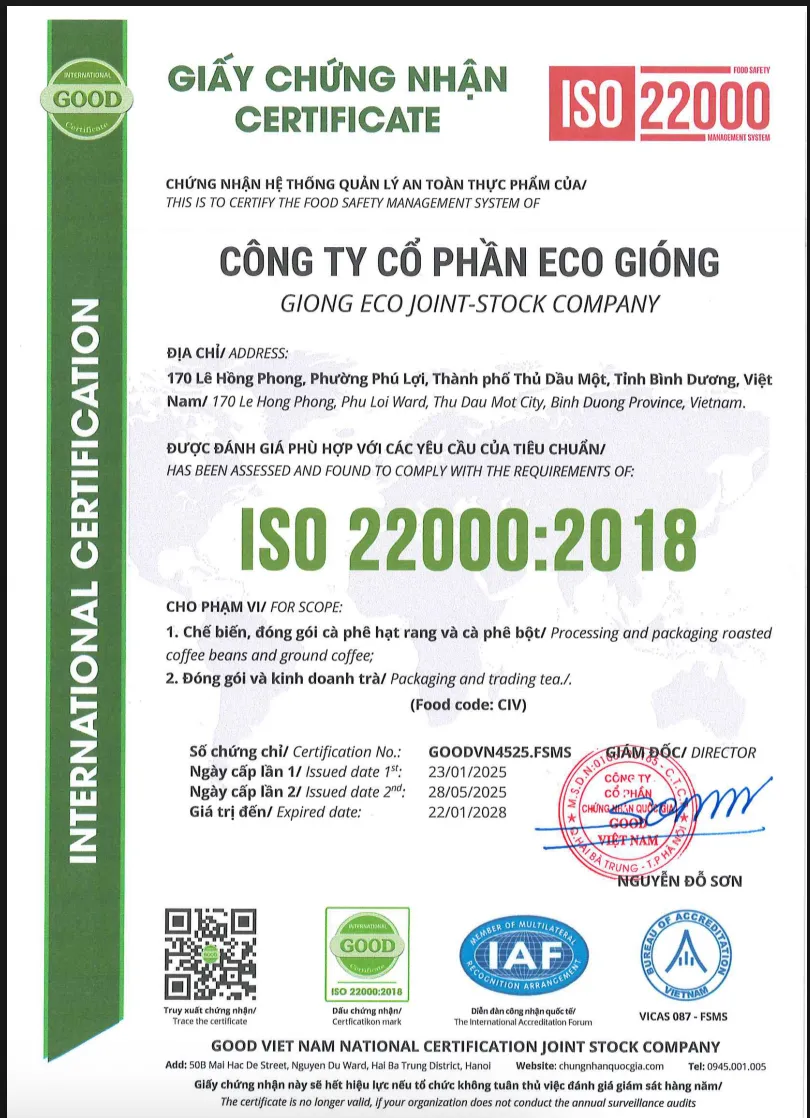 Giấy chứng nhận ISO 22000:2018 của Công ty Cổ phần Eco Gióng